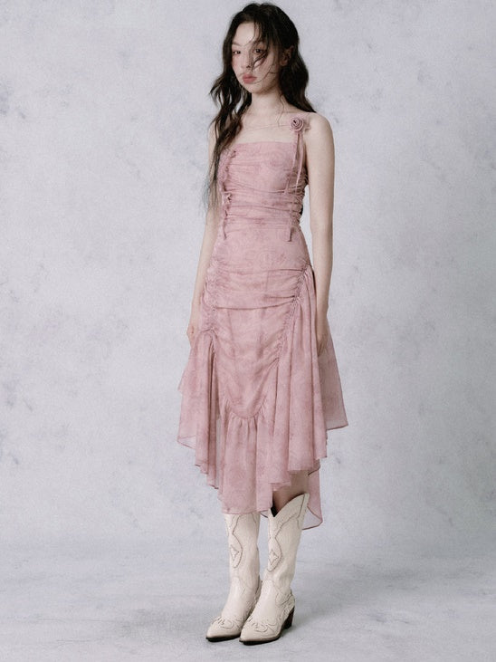 Asymmetric Wrinkled Suspender Dress