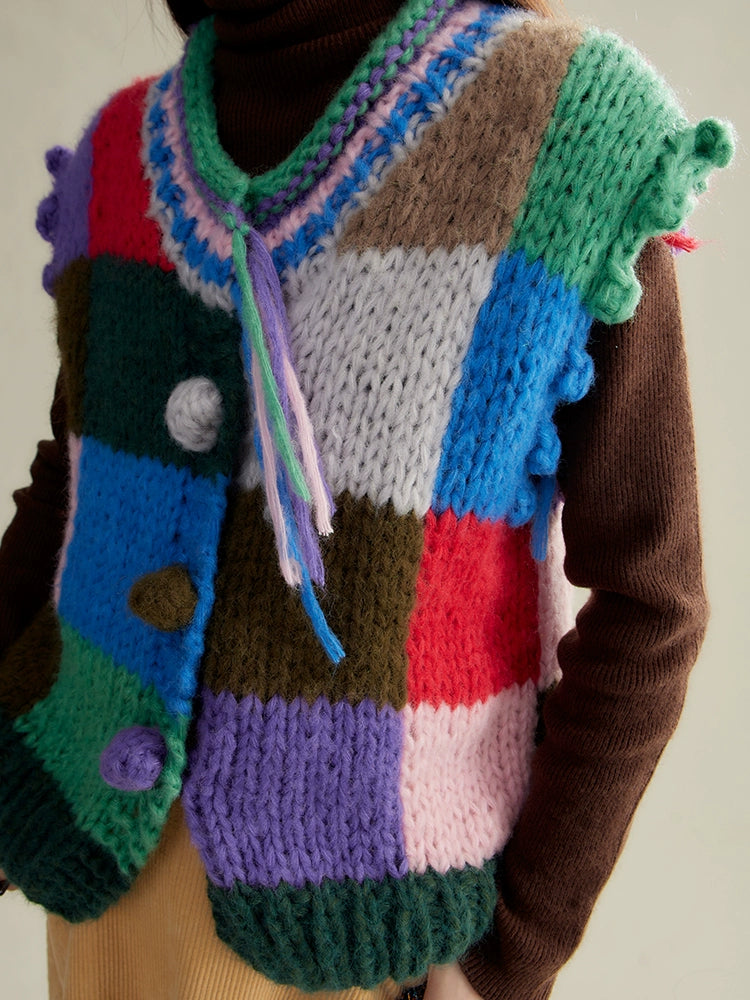 Patchwork Color Knitted Vest Cardigan