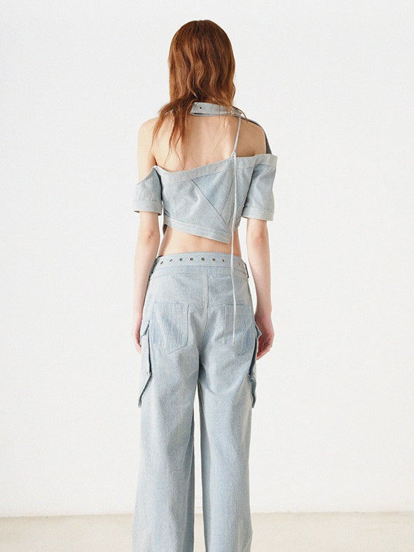 Denim-Asymmetrie-Halfter-Neck-Top-Top