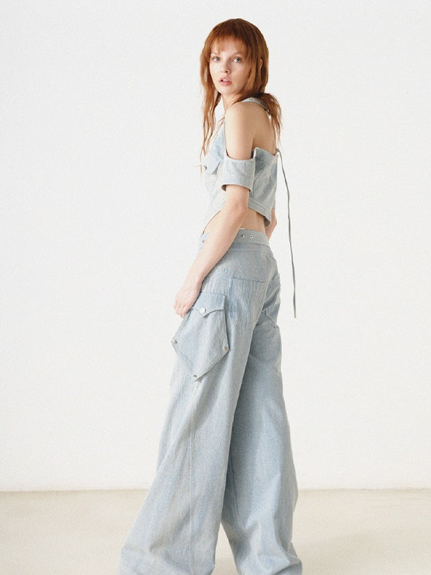 Denim-Asymmetrie-Halfter-Neck-Top-Top