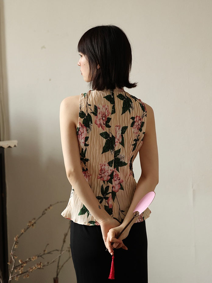 Sleeveess floral plissé haut à col