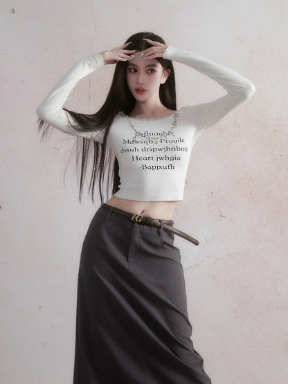 Lace Long-sleeved Lettering T-shirt &amp; Straight Skirt