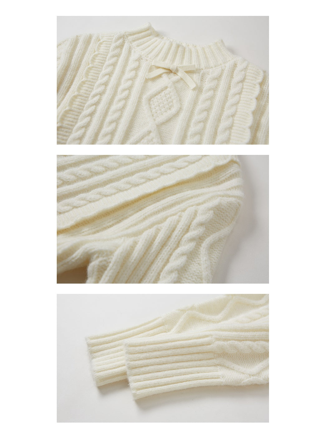 Cable Bottle-Neck Fluffy Knit Sweater ＆ Frill Knitted Skirt