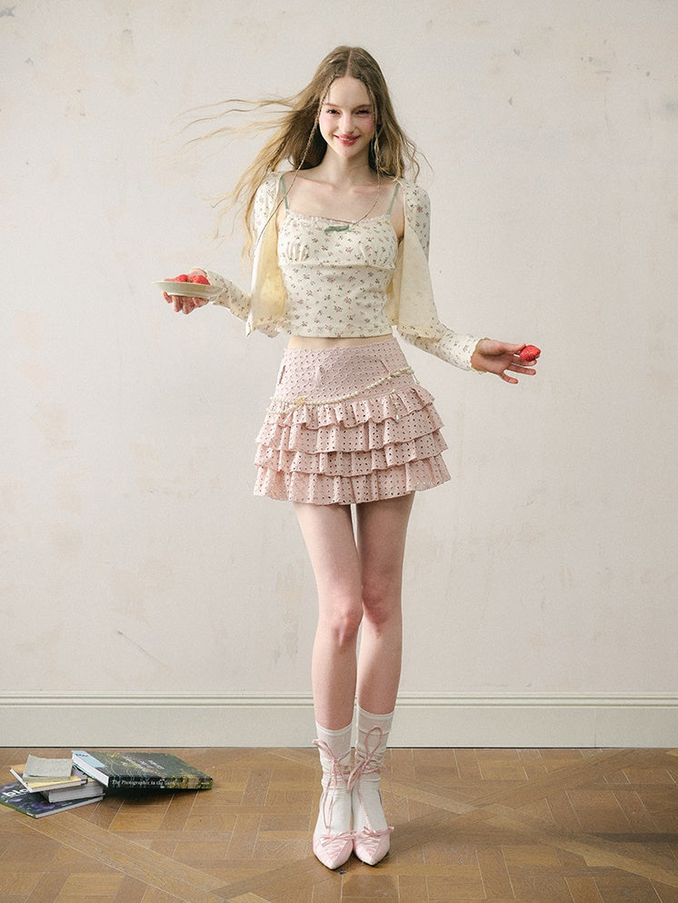 Cutwork Lace Ribbon Cropped Shirt &amp; Cake Skirt