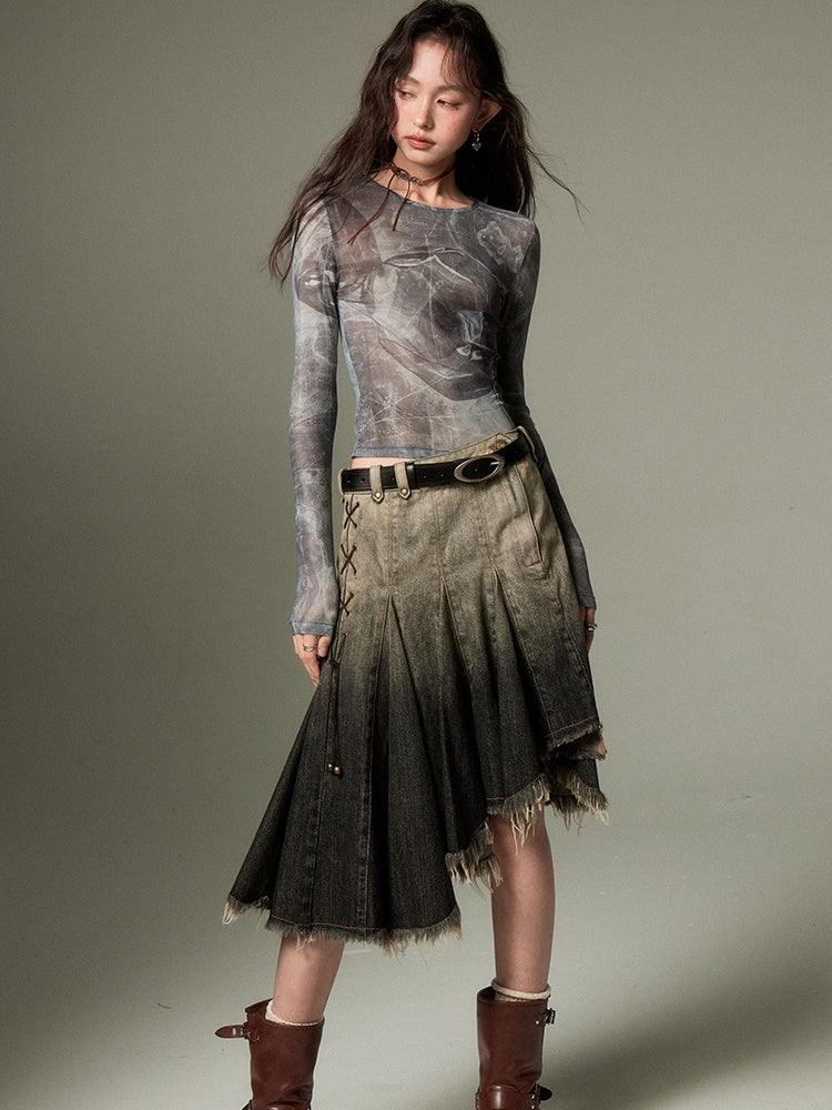 Gradient Bandage Irregular Hem Denim Skirt