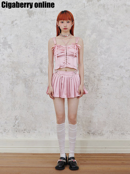 Shiny Suspender Top &amp; Low Waist Pleated Skirt