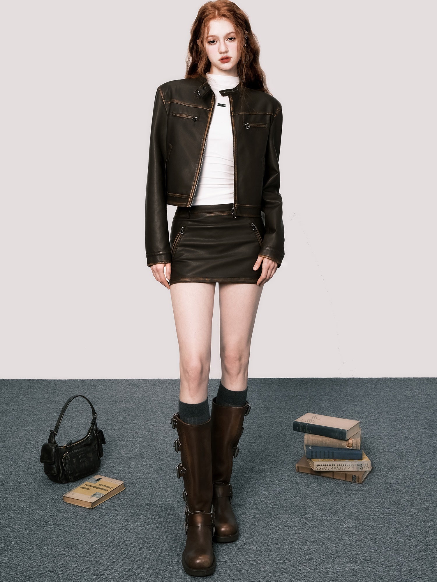 Retro Short Leather Jacket &amp; Ultra Mini Skirt