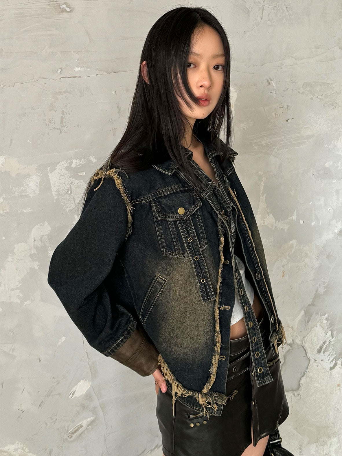 Retro Deconstructed Cuffs Loose Washed Denim Jacket