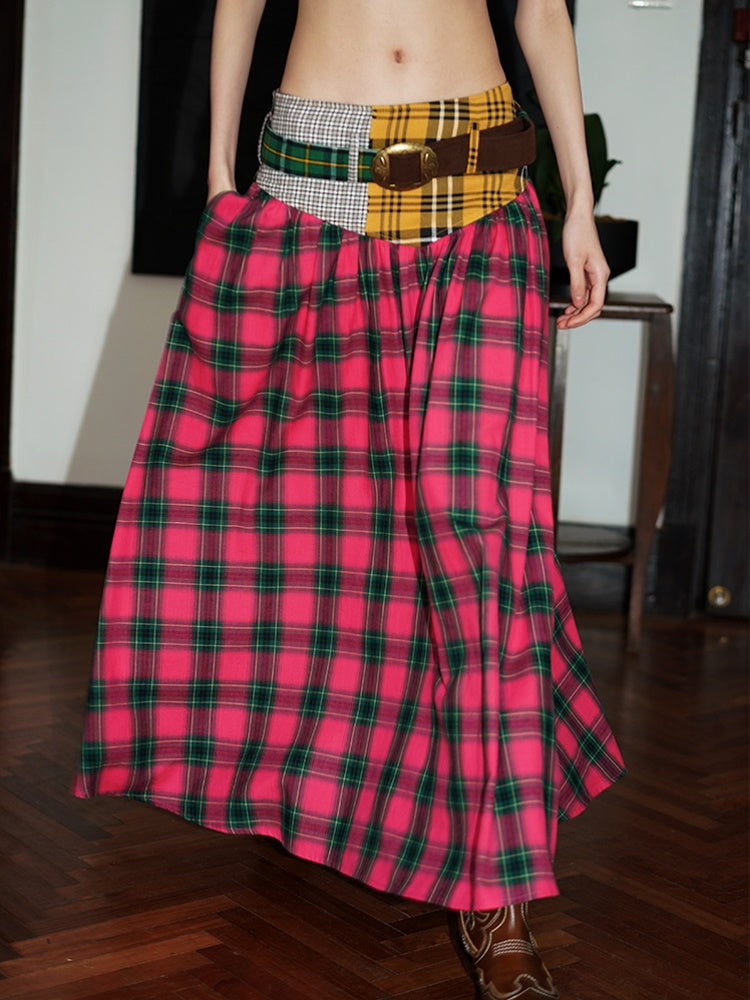 Retro Plaid Stitching Long Skirt With Belt