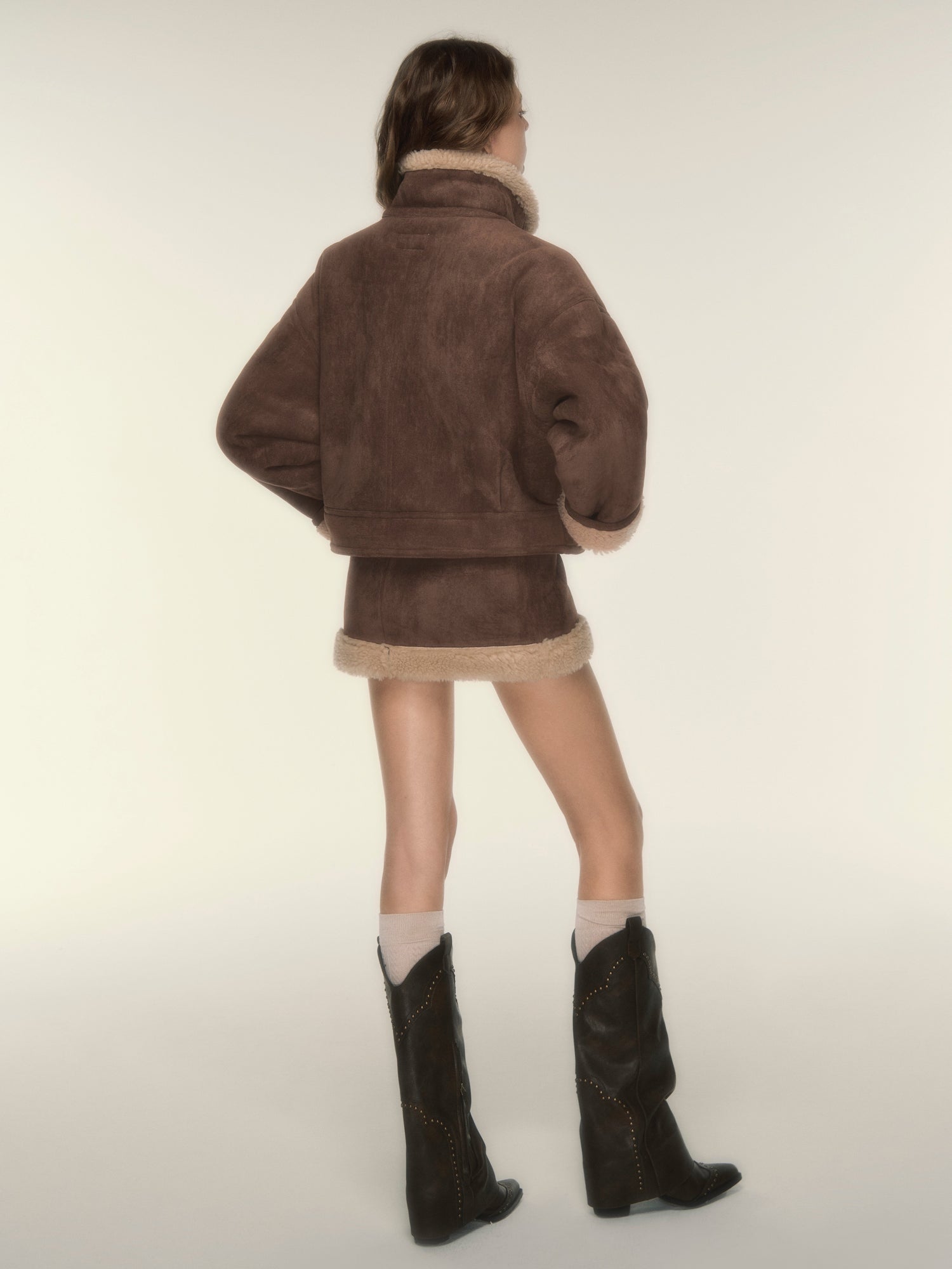 Motorcycle Style Fur Stitch Short Coat ＆ Mini Skirt