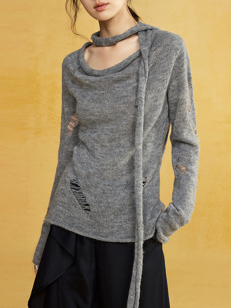 Swing Collar Irregular Hole Knitted Sweater