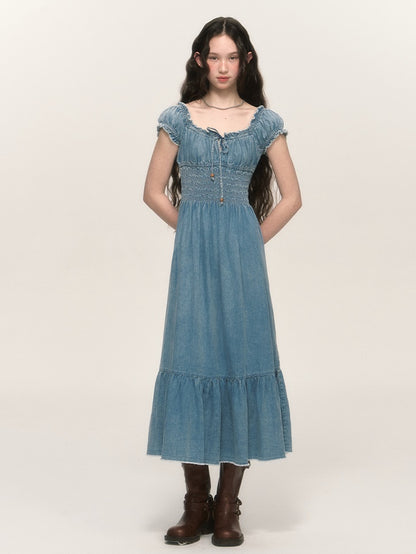 Retro Shirring Waist Washed Denim Puff Sleeve One-piece