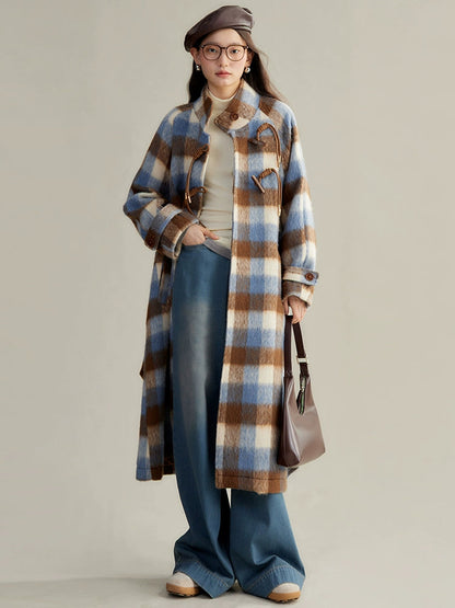 Retro Plaid Stand Collar Toggle Coat