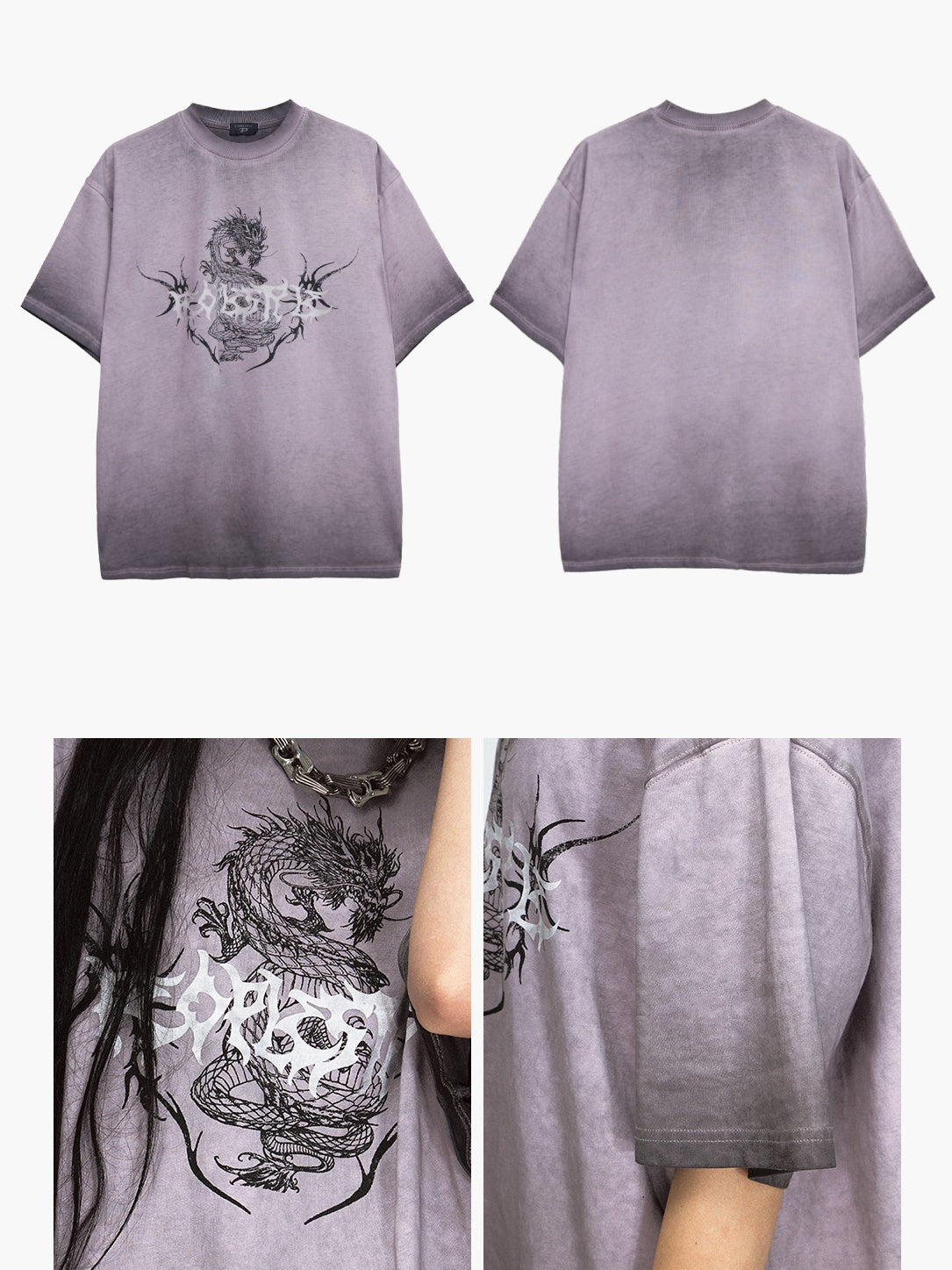 Dirty-dyed Chinese Dragon Print Round Neck T-shirt