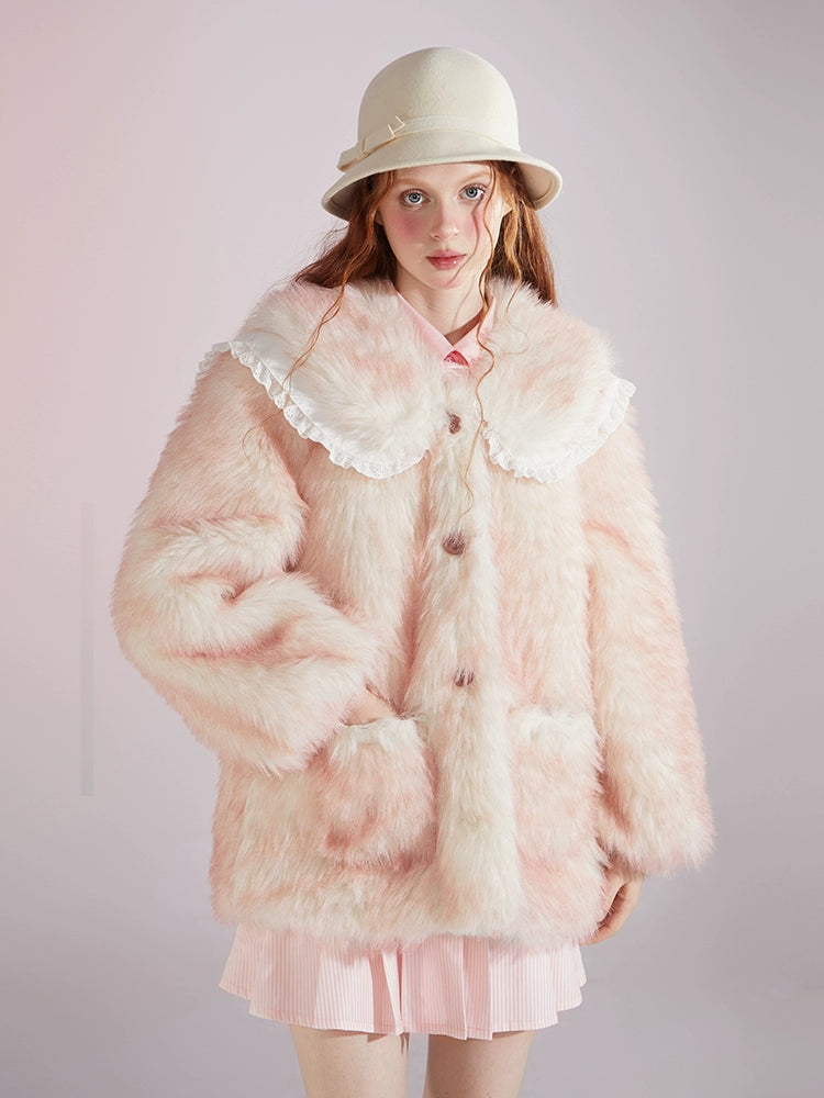 Gradient Double Collar Fur Coat