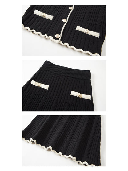 Bicolor Lib Knitted Cardigan &amp; Hip-hugging Skirt