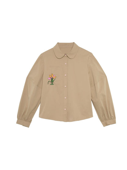 Retro Tulip Embroidered Doll Collar Lantern Sleeve Shirt