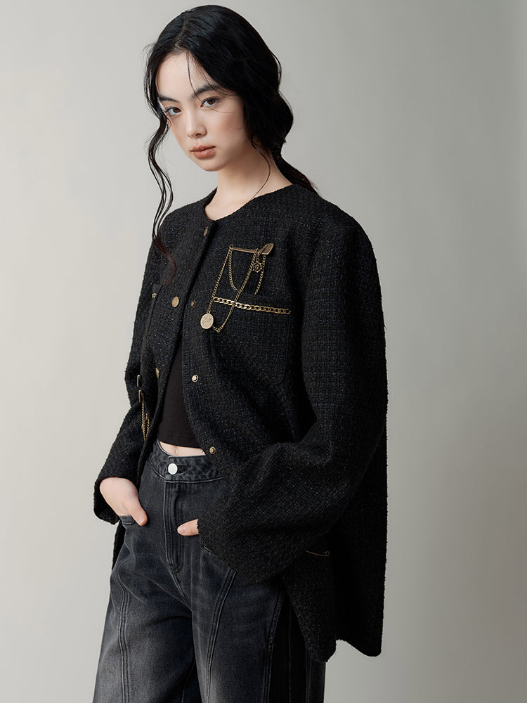 Blended Yarn Texture Chain Accent No-Collar Jacket