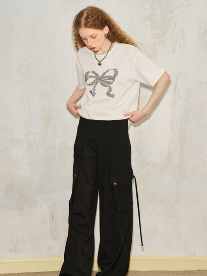 Sequin Bow Embroidery Loose T-shirt