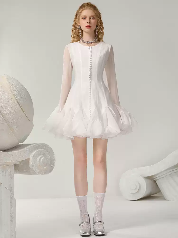 See-Through Flare-Sleeve Ciffon Elegant Sexy Short Dress