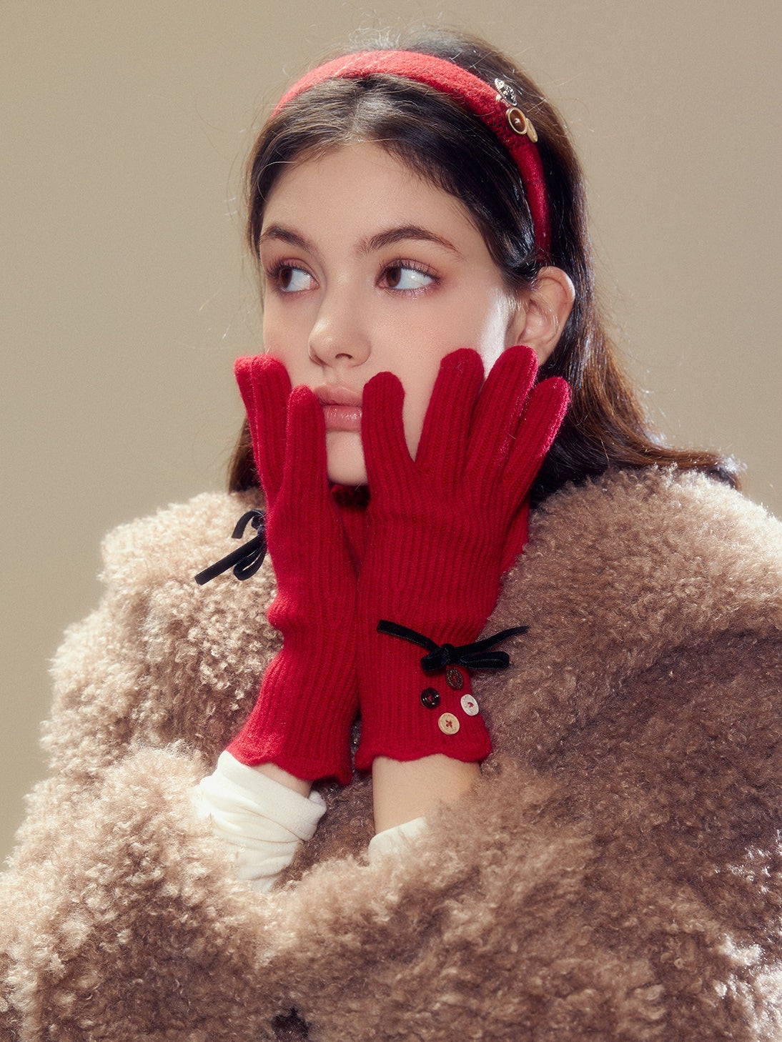 Bow Hand-button Knitted Five-finger Gloves