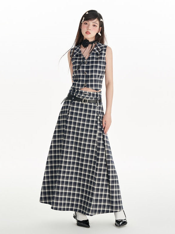 Plaid Short Vest &amp; High Waist A-line Long Skirt