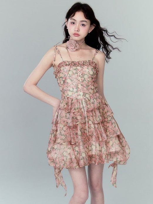 Floral Suspenders Cake Dress With Removable Straps