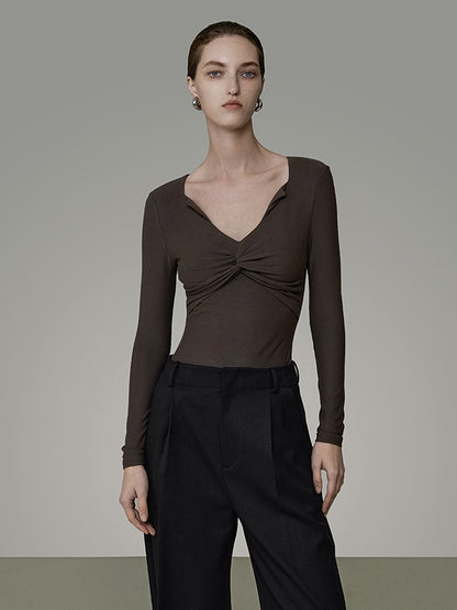 V-neck Sweater Pleated Twist Design Bottoming Shirt