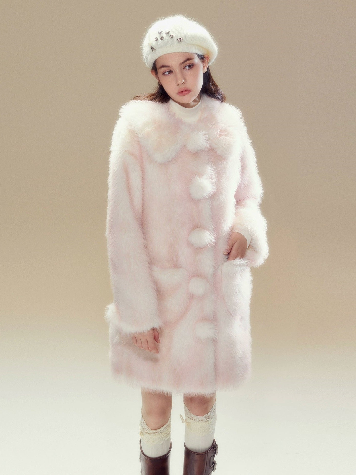 Gradient Doll Collar Fur Ball Imitation Fur Coat