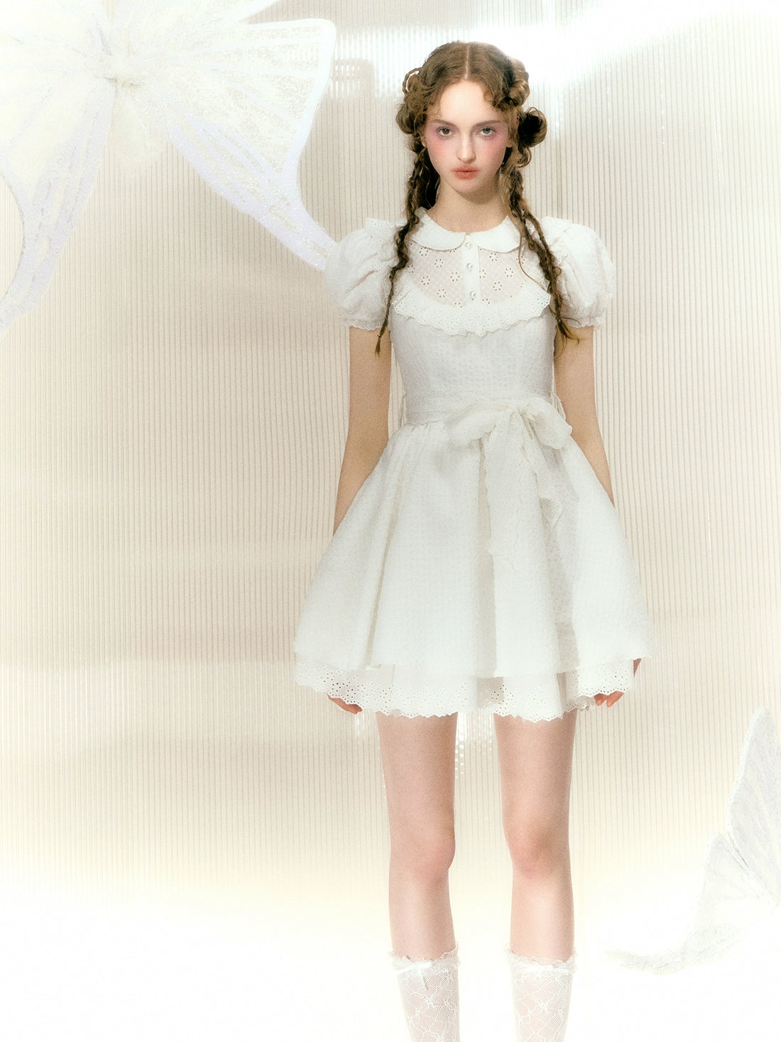 Narrator Original Design Pure White Jasmine Bow Lace Short-sleeved Babydoll Dress