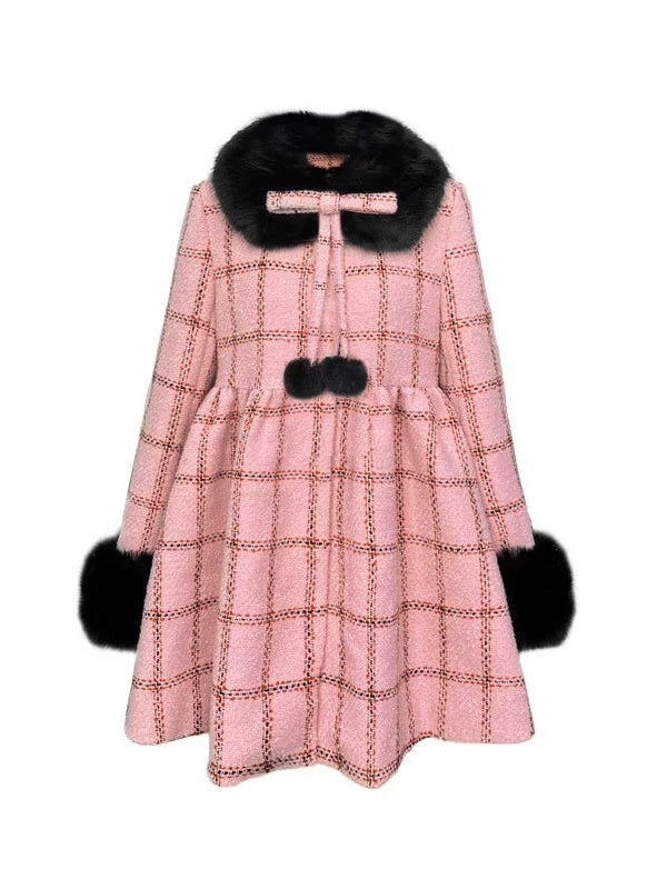 Plaid Fur Collar Detachable Mid-length Coat