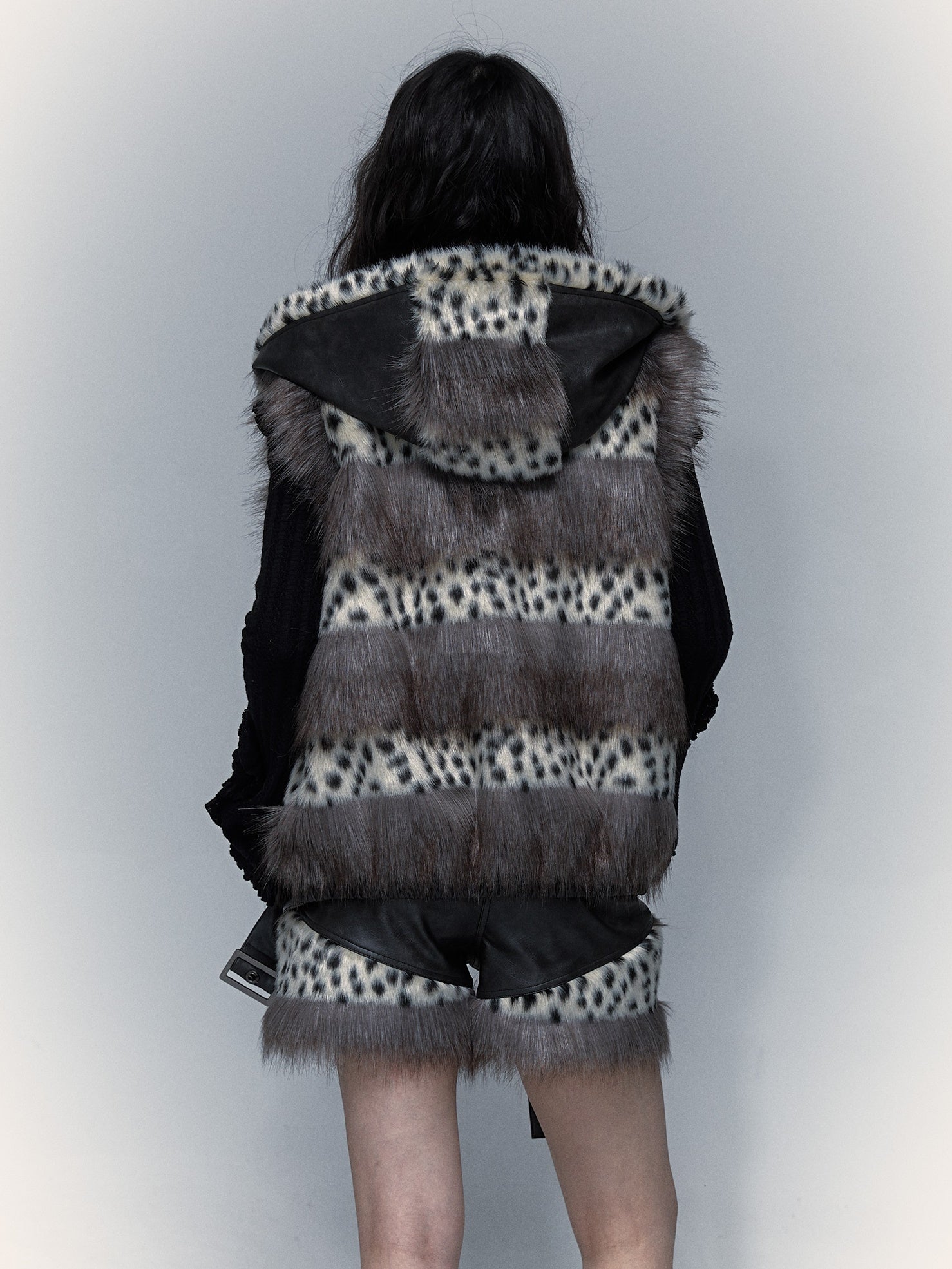 Removable Sleeve Hooded Leopard Print Eco-friendly Fur Jacket