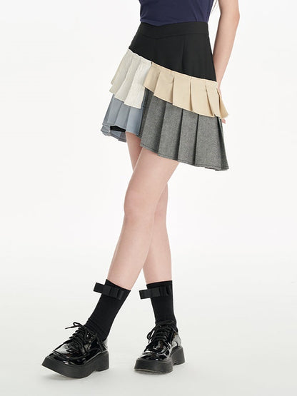 Irregular Contrast Color Pleated Skirt