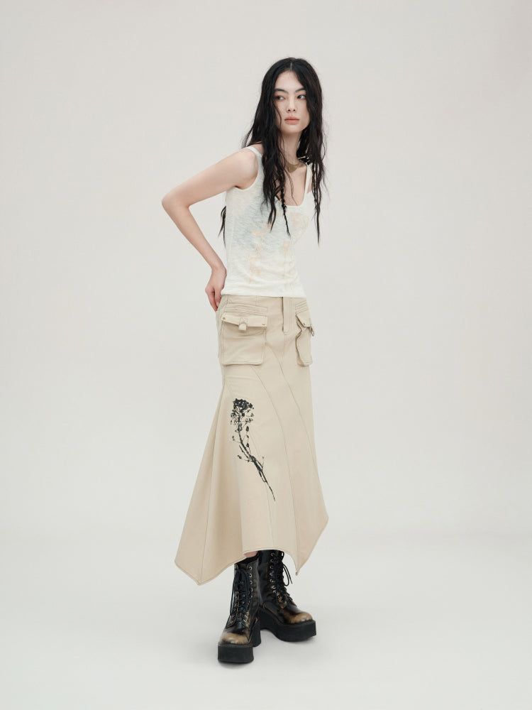 Printed Beaded Work Vest &amp; Irregular Work Skirt