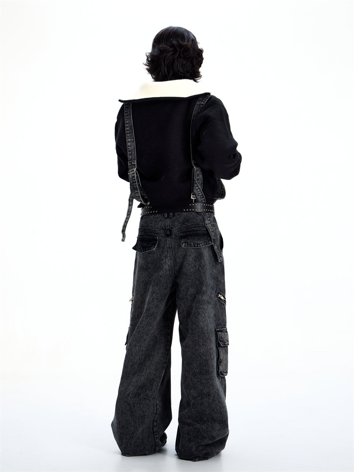 Retro Suspender Design Stitching Denim Pants