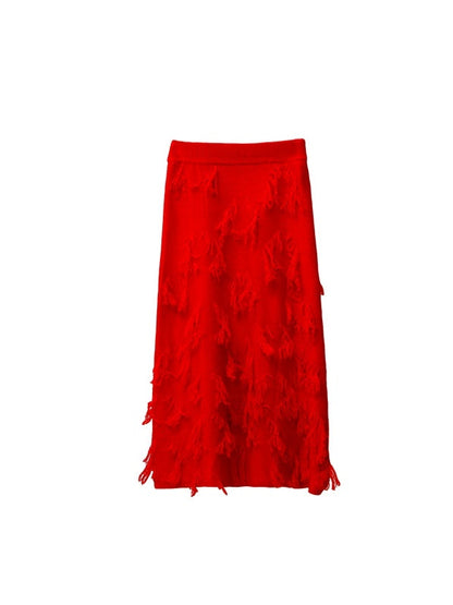 Irregular Jacquard Fringe A-line Mid-length Skirt