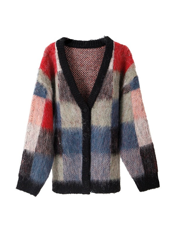 Contrast Plaid Loose Knitted Cardigan