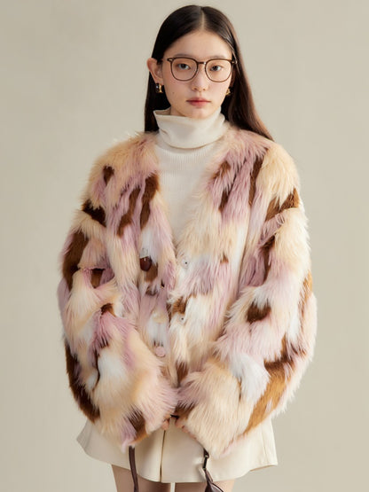 Contrast Color Eco-friendly Fur Short Furry Coat