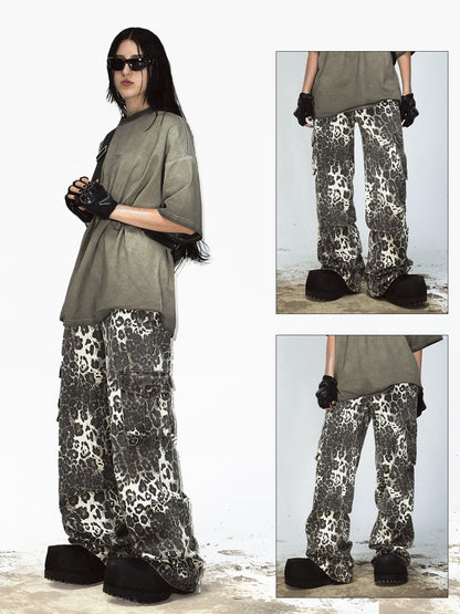 Leopard Print Multi-pocket Straight Cargo Pants