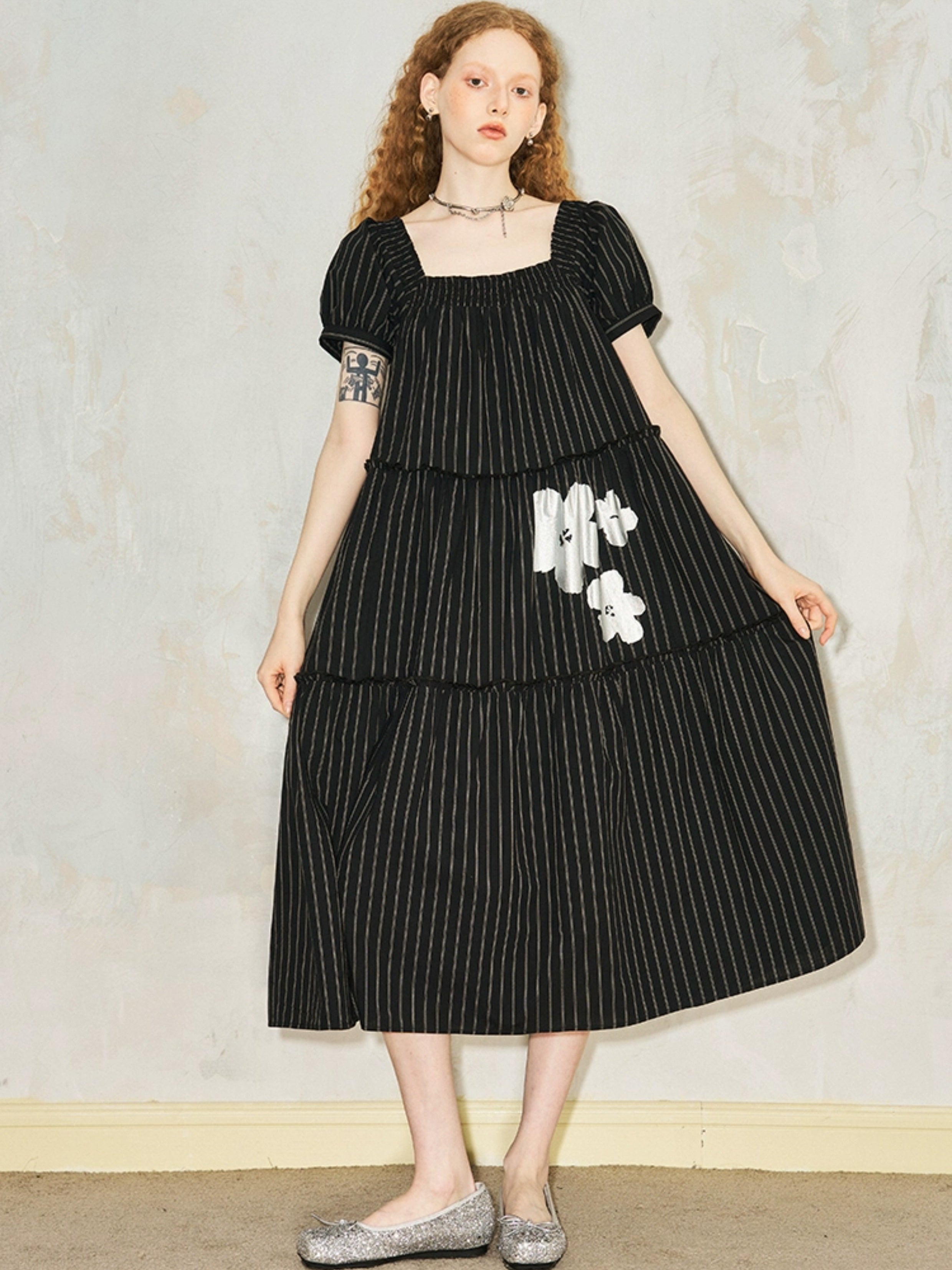 Puff Sleeve Flower Stripe Loose Tiered One-piece