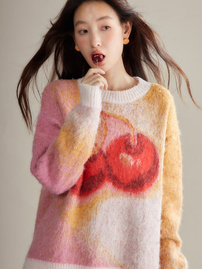 Cherry Gradient Jacquard Loose Pullover Sweater