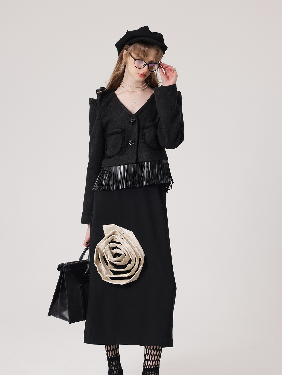 Three-dimensional Petal Shoulder Design PU Tassel Short Jacket