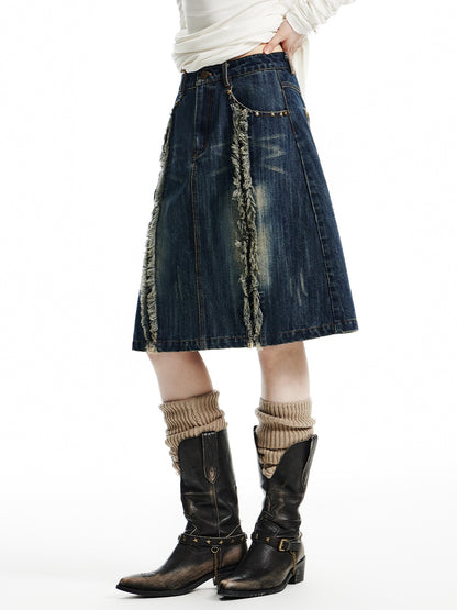 Distressed Washed Denim A-line Mid-length Skirt