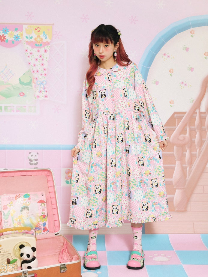 Doll Collar Patchwork Style Printed Loose Dress