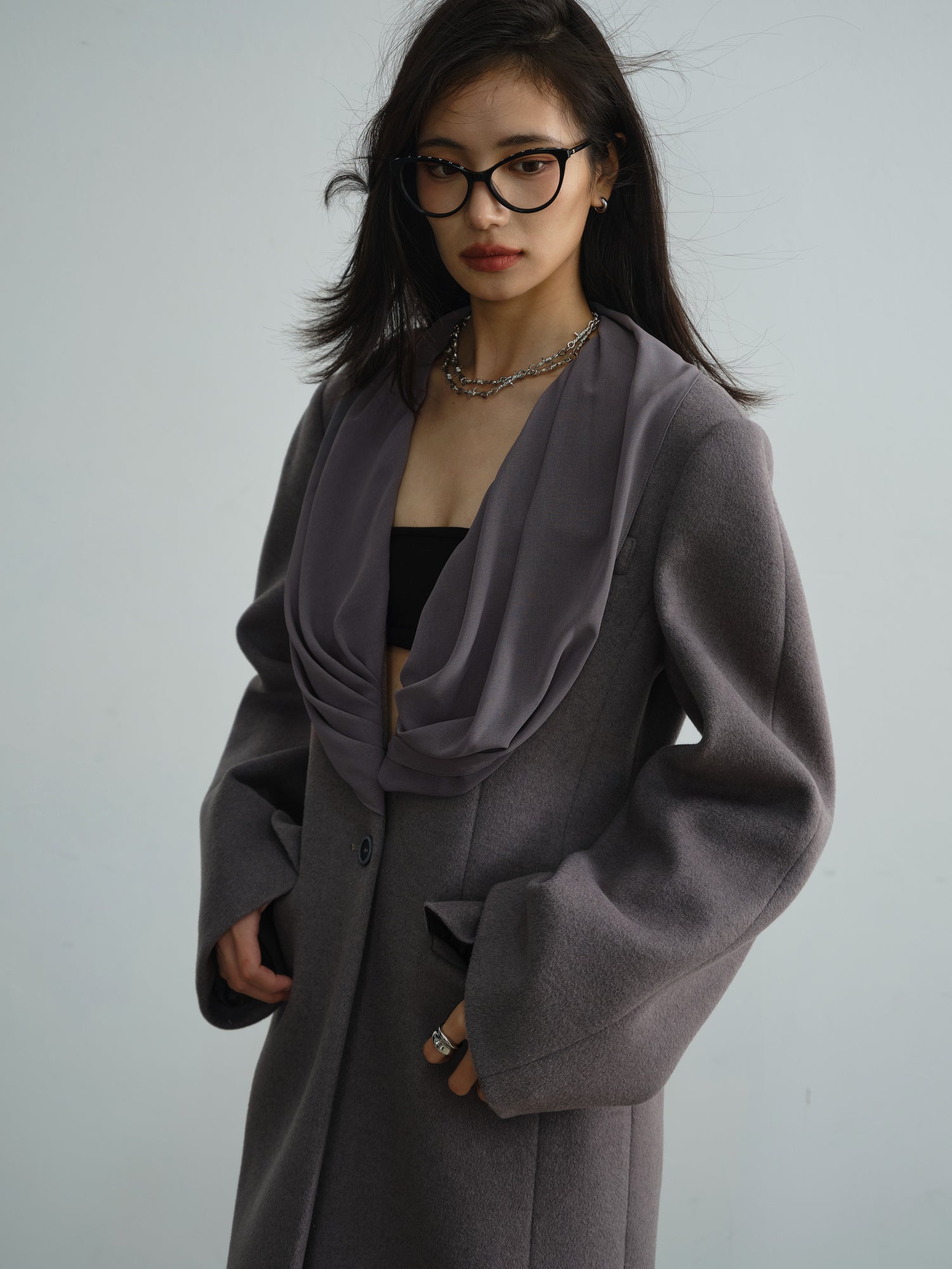 Drape Collar Modern Coat With Scarf