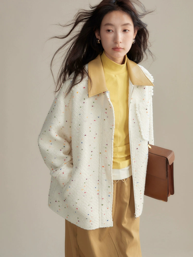 Colorful Dots PU Leather Collar Tweed Taste Jacket