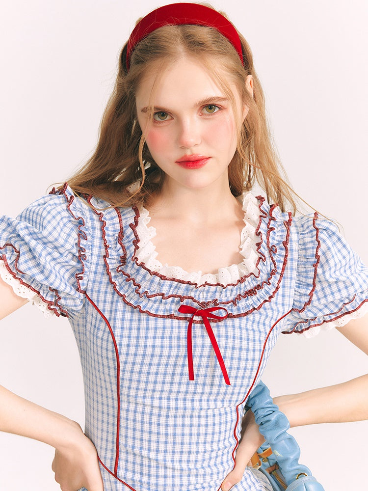 Puff Sleeves Sweet Plaid Princess Dress