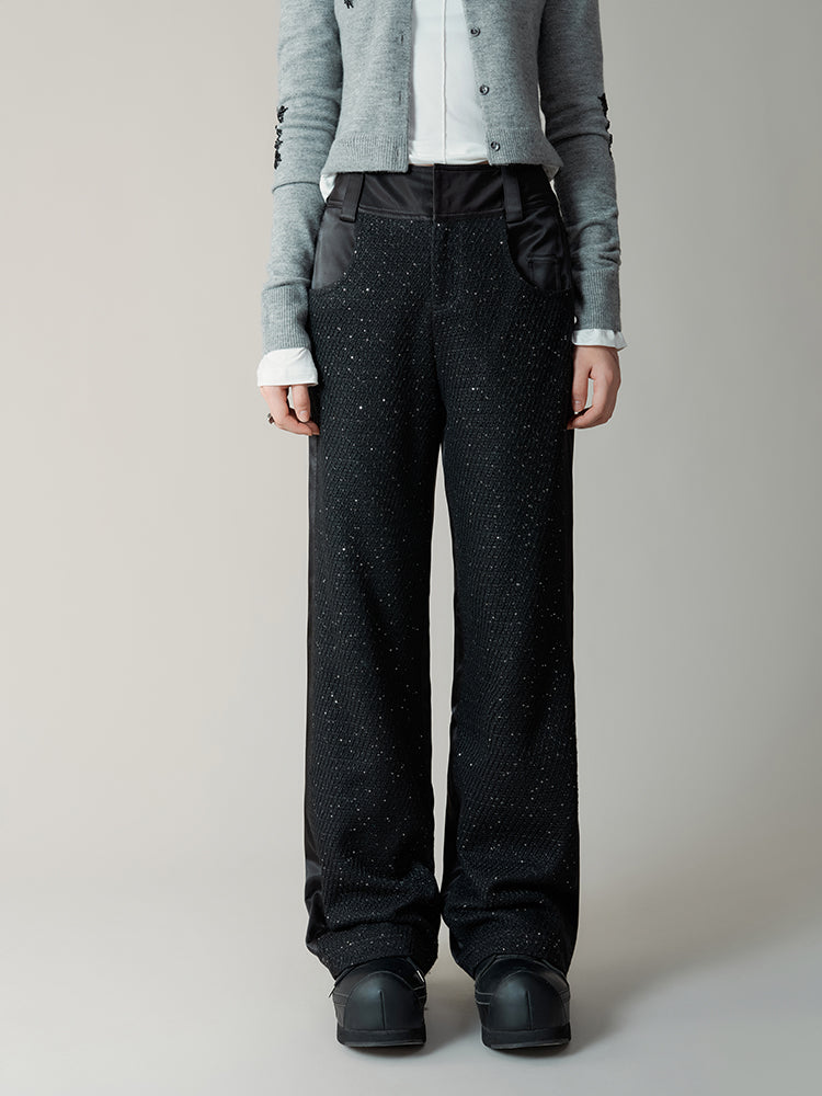 Tweed Stitching Loose Straight Pants