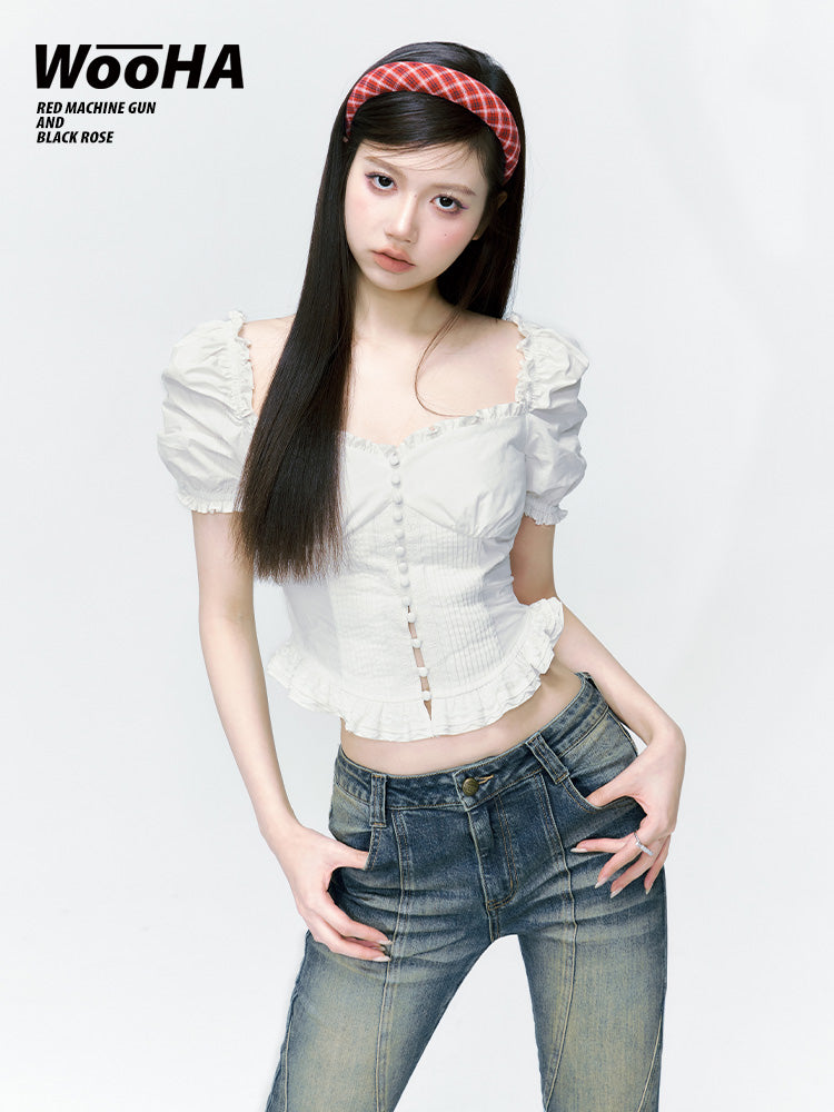 Puff-Sleeves Frill Tight Princess Cropped Blouse