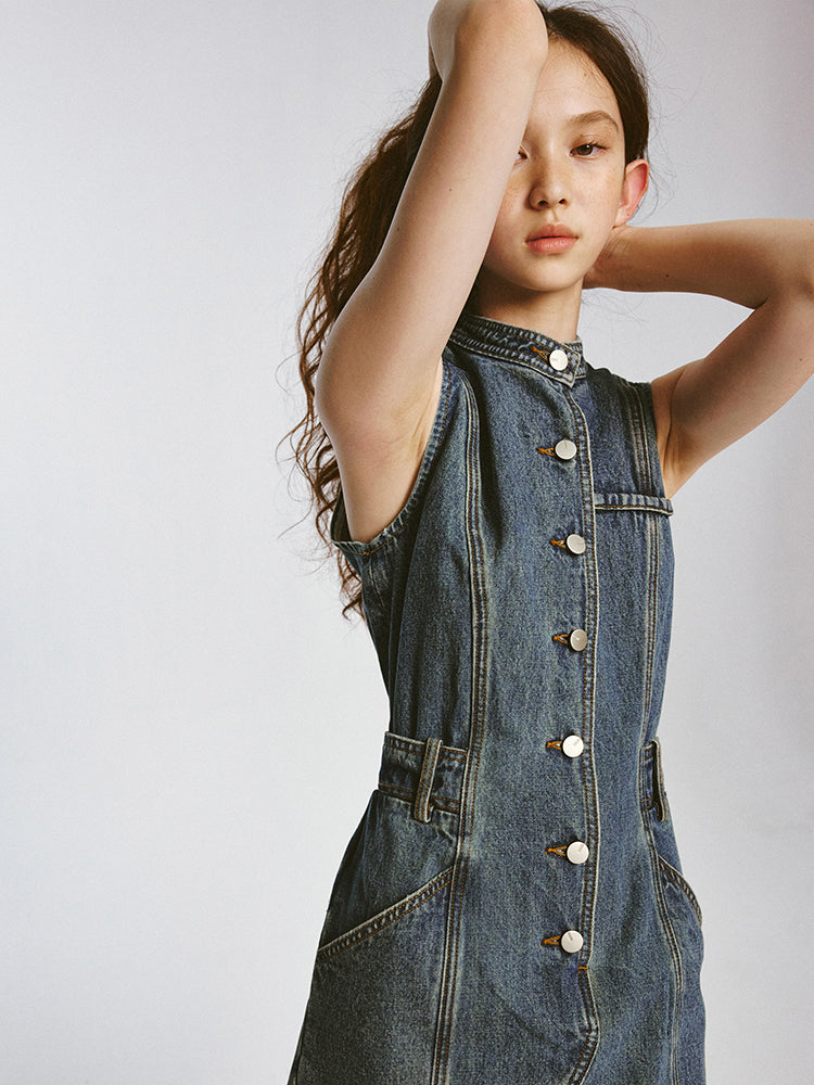 Rretro Stand-up Collar Denim Sleeveless Dress